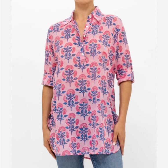 Oliphant Tops - Oliphant Womens Long collar long sleeve sconset pink printed tunic S NWT